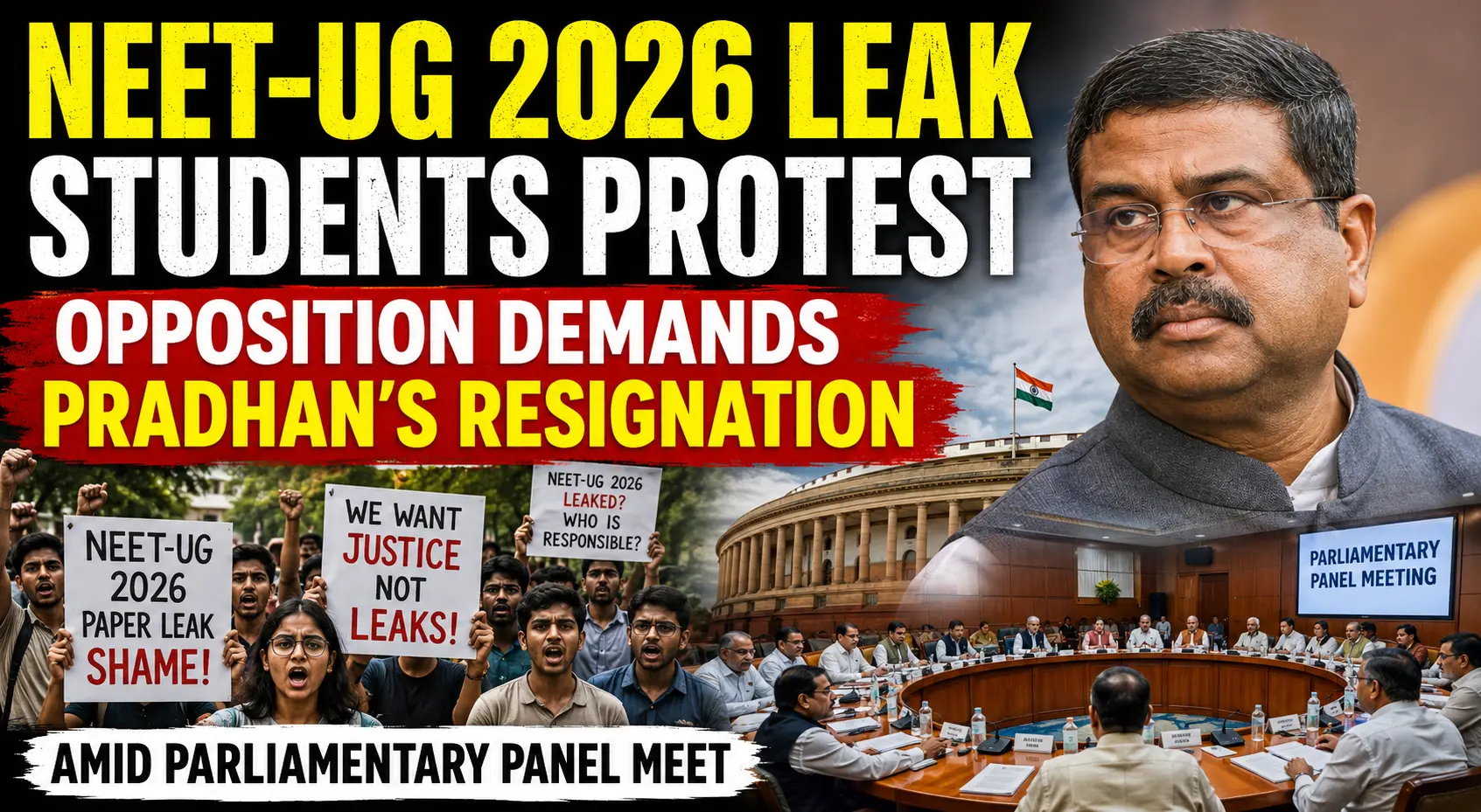 Students protest NEET-UG 2026 leak, Opposition demands Pradhan's resignation amid Parliamentary panel meet 